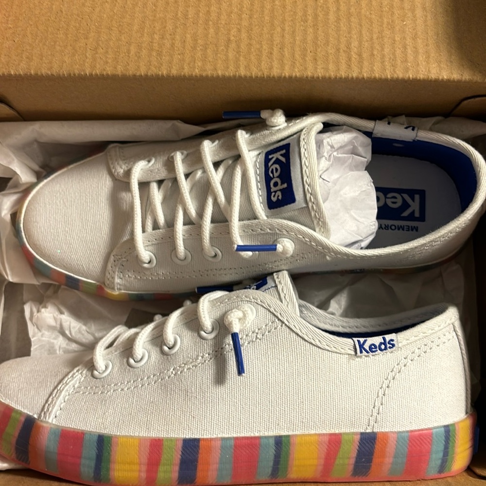 NWT white Keds with striped soles. Youth size 11.5